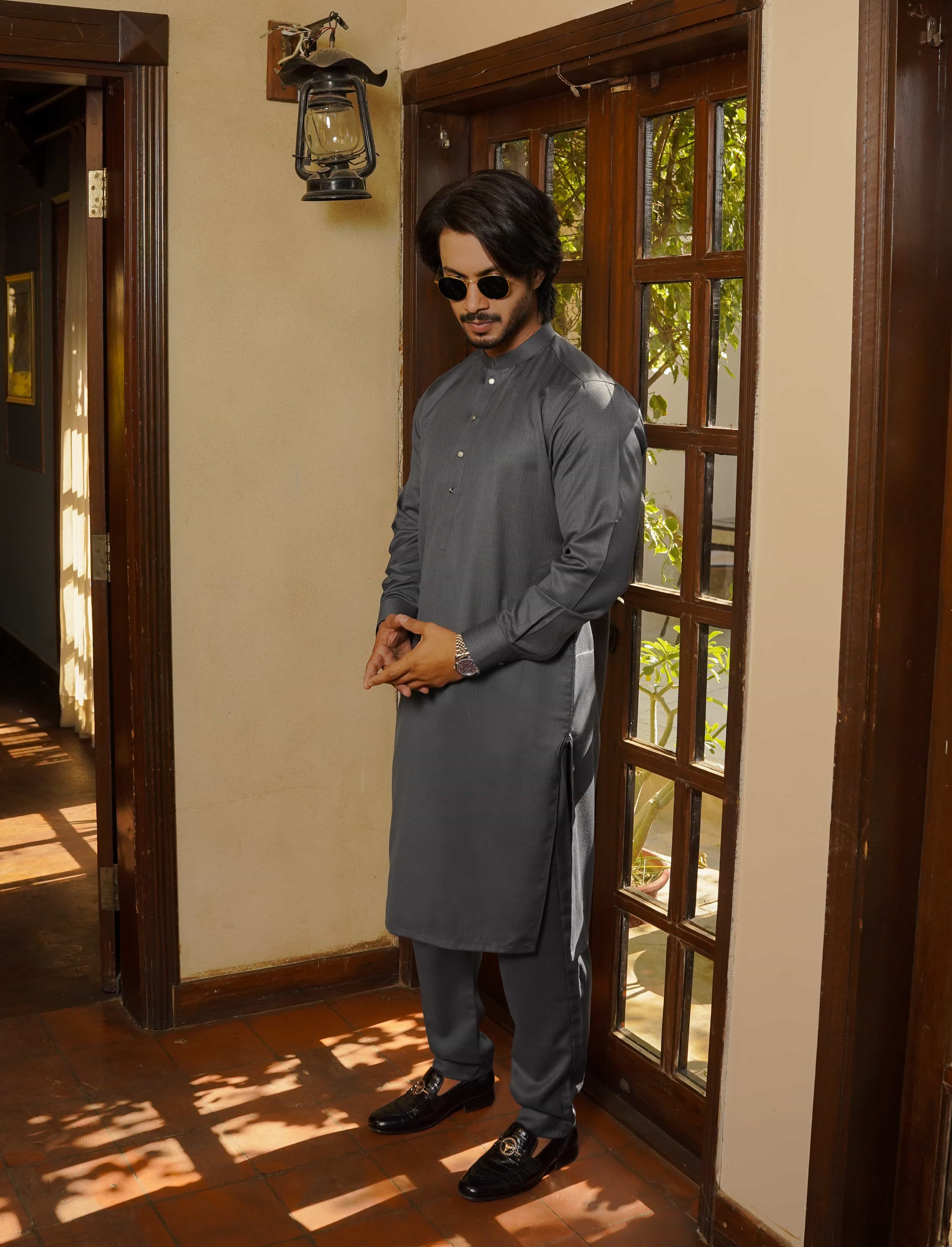 Gray Blended Kurta Pajama