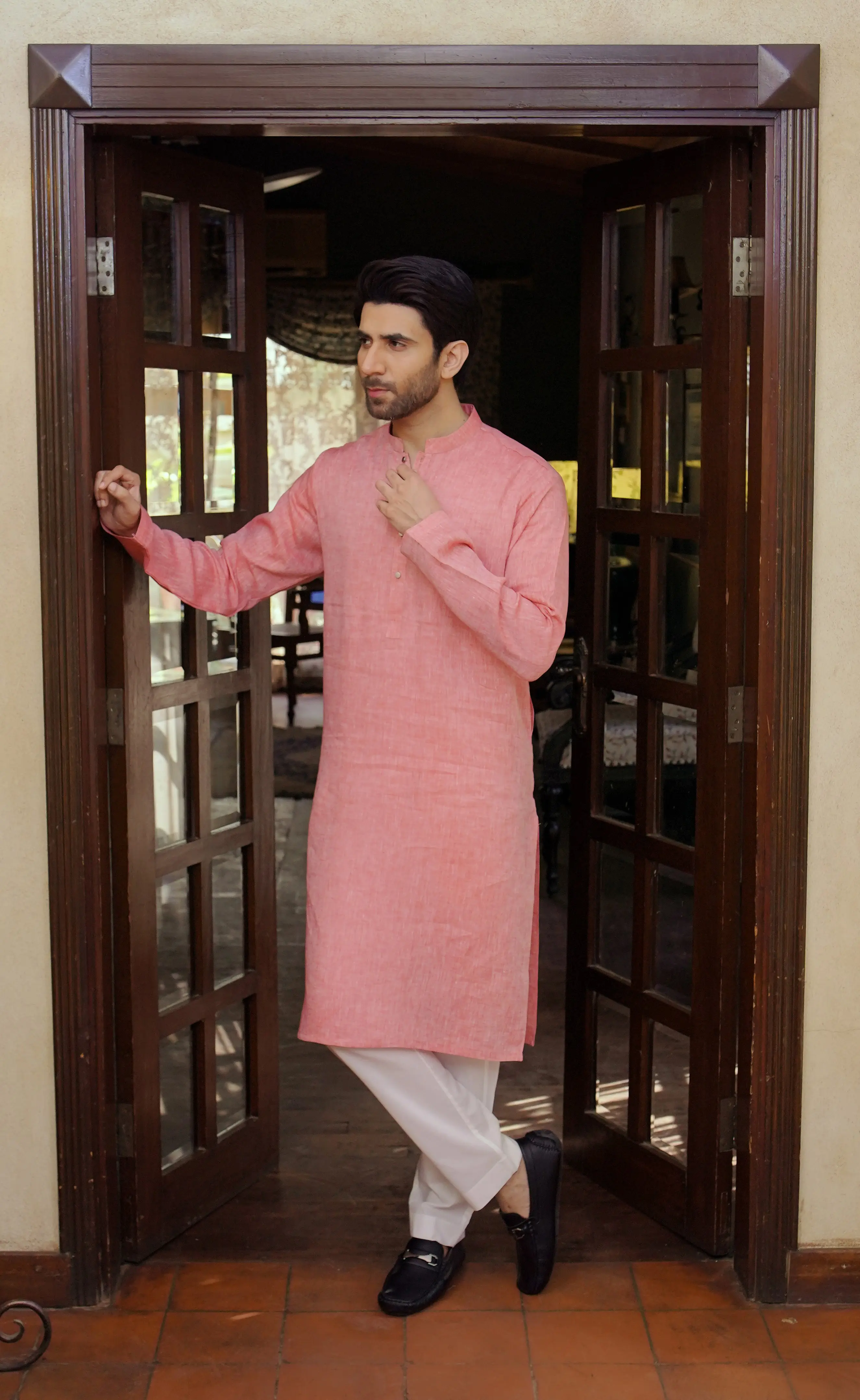 FLAMINGO PINK KURTA WITH WHITE PAJAMA